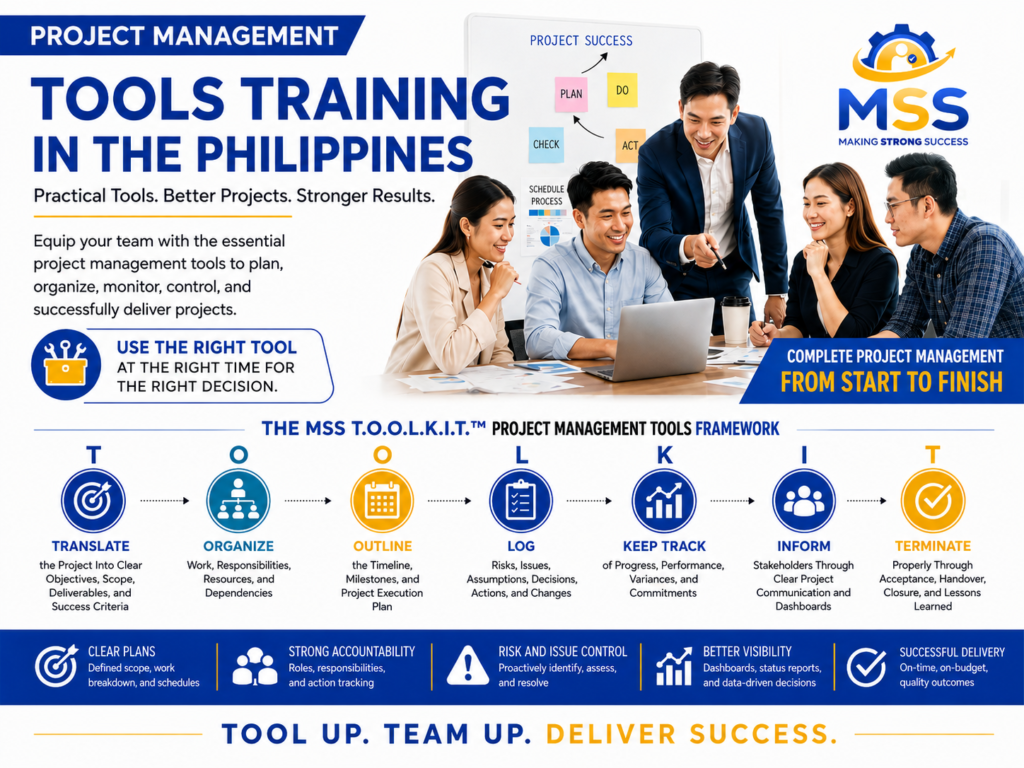 Project Management Tools Training in the Philippines by MSS Corporation, featuring Filipino professionals using practical project tools for planning, scheduling, responsibilities, risk management, tracking, communication, and project delivery