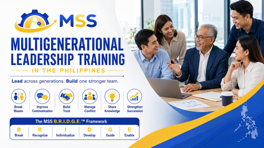 Multigenerational Leadership Training in the Philippines by MSS Corporation, featuring Filipino leaders from different generations strengthening communication, trust, conflict management, knowledge sharing, succession, and team performance