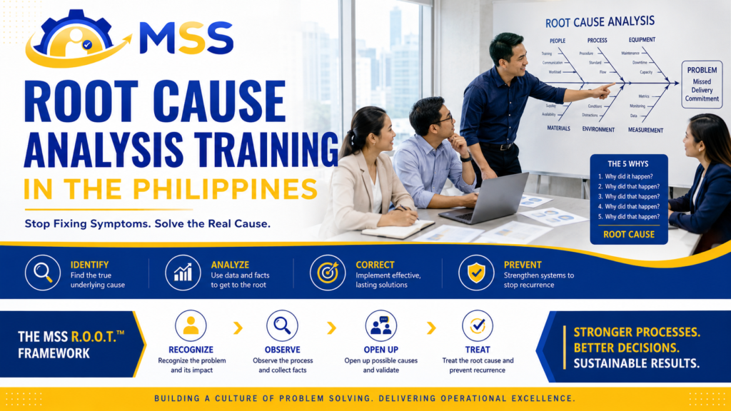 Root Cause Analysis Training in the Philippines by MSS Corporation, featuring Filipino professionals using Five Whys, Fishbone Analysis, evidence gathering, cause validation, corrective action, and recurrence prevention