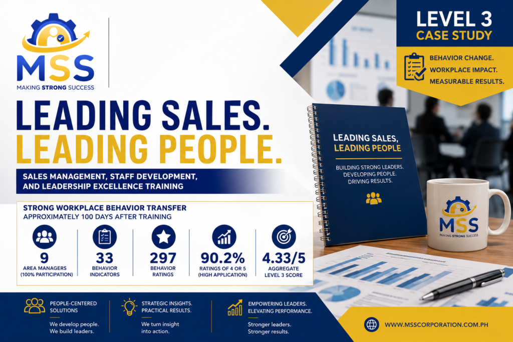MSS Corporation Sales Management Training Philippines Level 3 case study showing strong workplace behavior transfer among retail Area Managers approximately 100 days after training