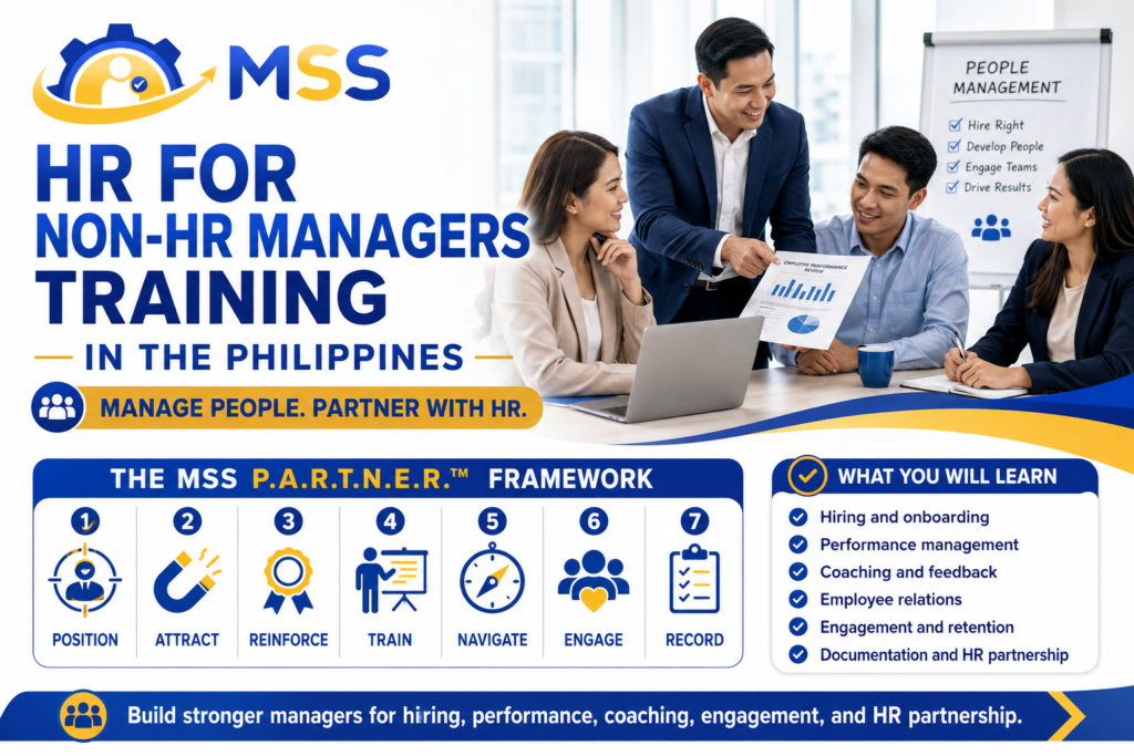 HR for Non-HR Managers Training in the Philippines by MSS Corporation, featuring Filipino managers learning hiring, onboarding, performance management, coaching, employee relations, engagement, retention, documentation, and HR partnership