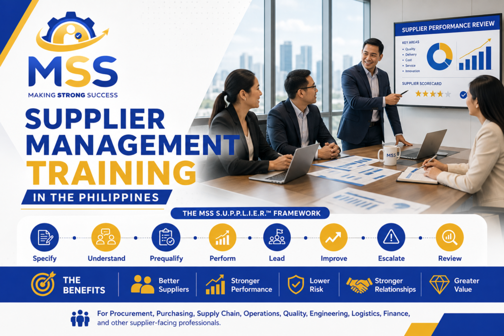 Supplier Management Training in the Philippines by MSS Corporation, featuring Filipino procurement and supply chain professionals learning supplier selection, performance measurement, scorecards, risk management, supplier development, and relationship management