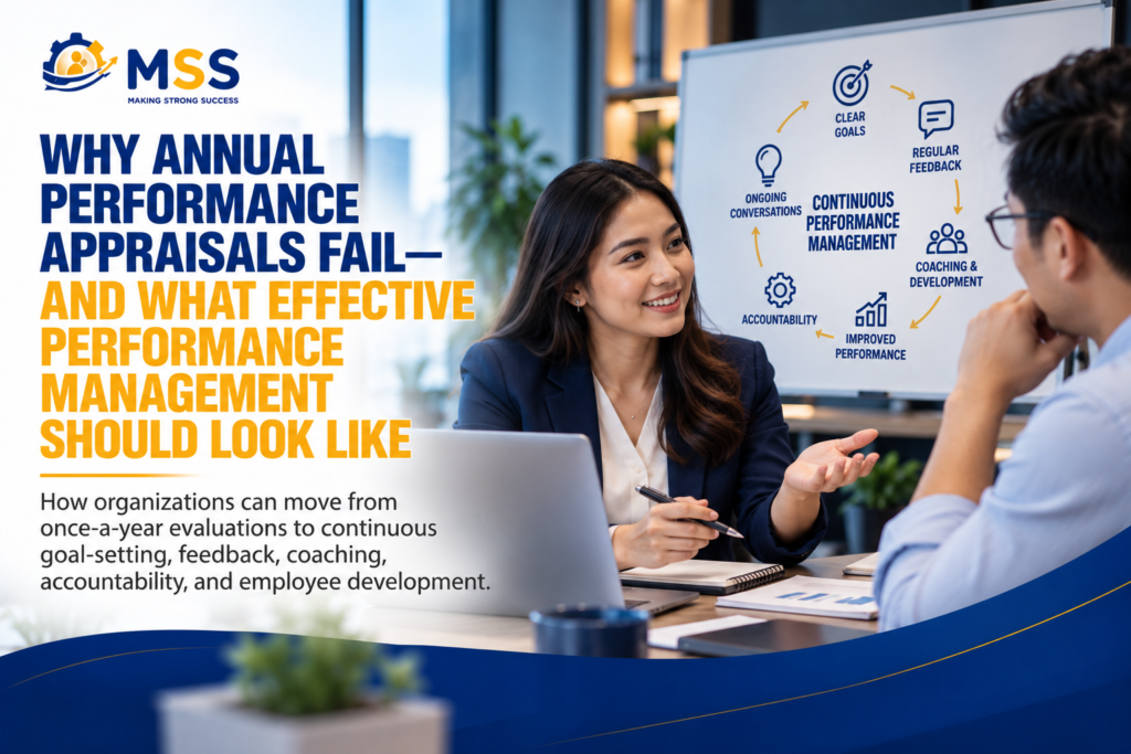 Manager and employee discussing continuous performance management, clear goals, regular feedback, coaching, accountability, and employee development beyond annual performance appraisals.