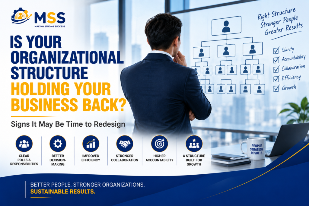 Business leader reviewing an organizational structure to improve roles, accountability, decision-making, collaboration, efficiency, and business growth.