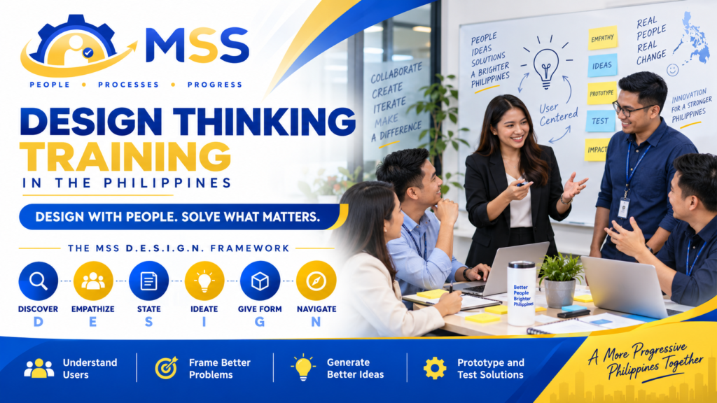 Design Thinking Training in the Philippines by MSS Corporation, featuring Filipino professionals learning empathy, user research, problem framing, ideation, prototyping, user testing, and human-centered innovation