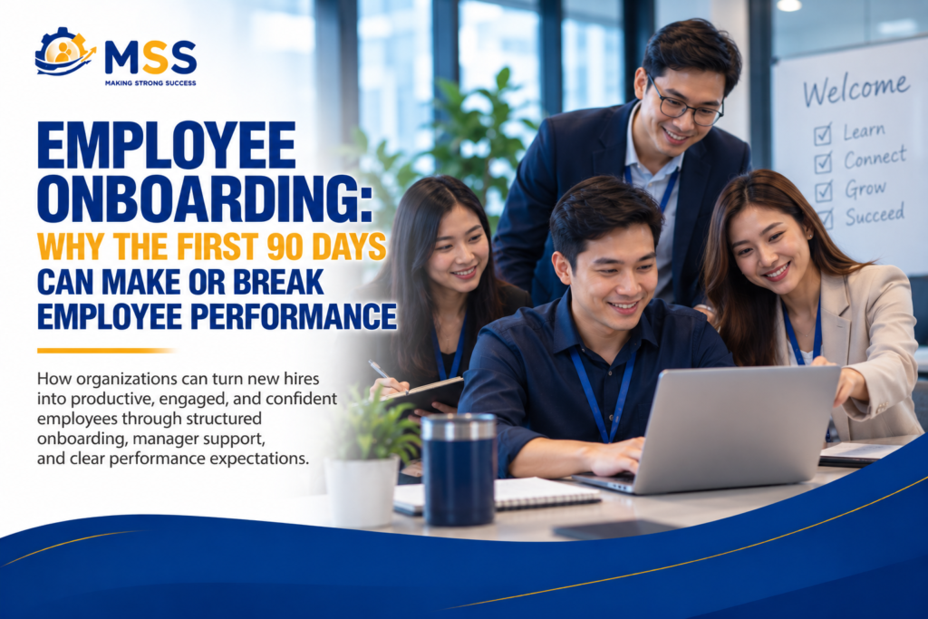 Asian business professionals collaborating during employee onboarding, highlighting new hire training, manager support, and employee performance development in the first 90 days.