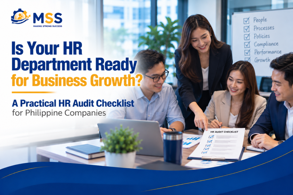 HR professionals reviewing an HR audit checklist to assess company policies, compliance, employee performance, and HR readiness for business growth in the Philippines.