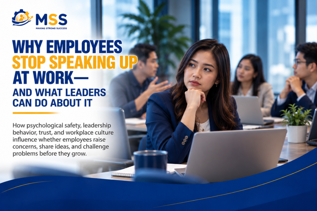 Employee hesitant to speak up during a workplace meeting, highlighting psychological safety, employee voice, leadership behavior, trust, and workplace culture.